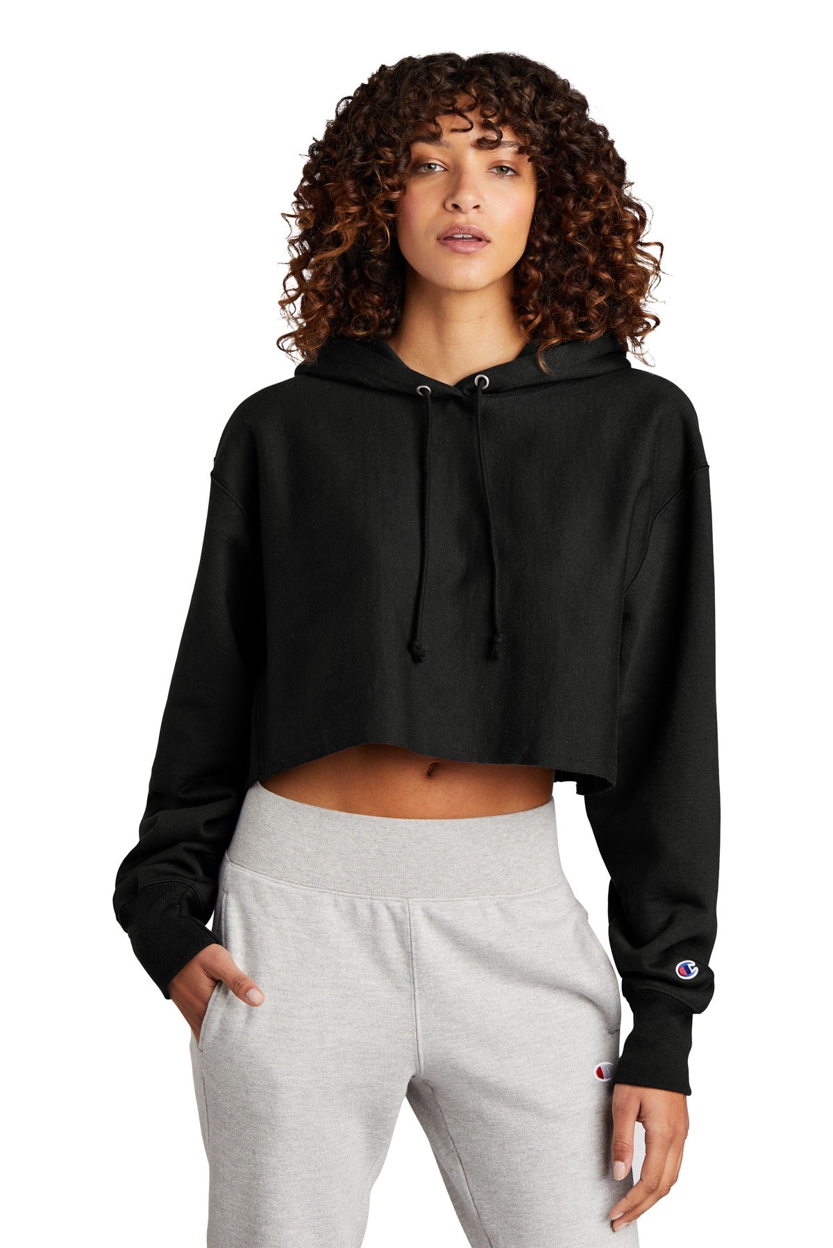 Champion ®  Women's Reverse Weave ®  Cropped Cut-Off Hooded Sweatshirt RW01W - Black - 2XL