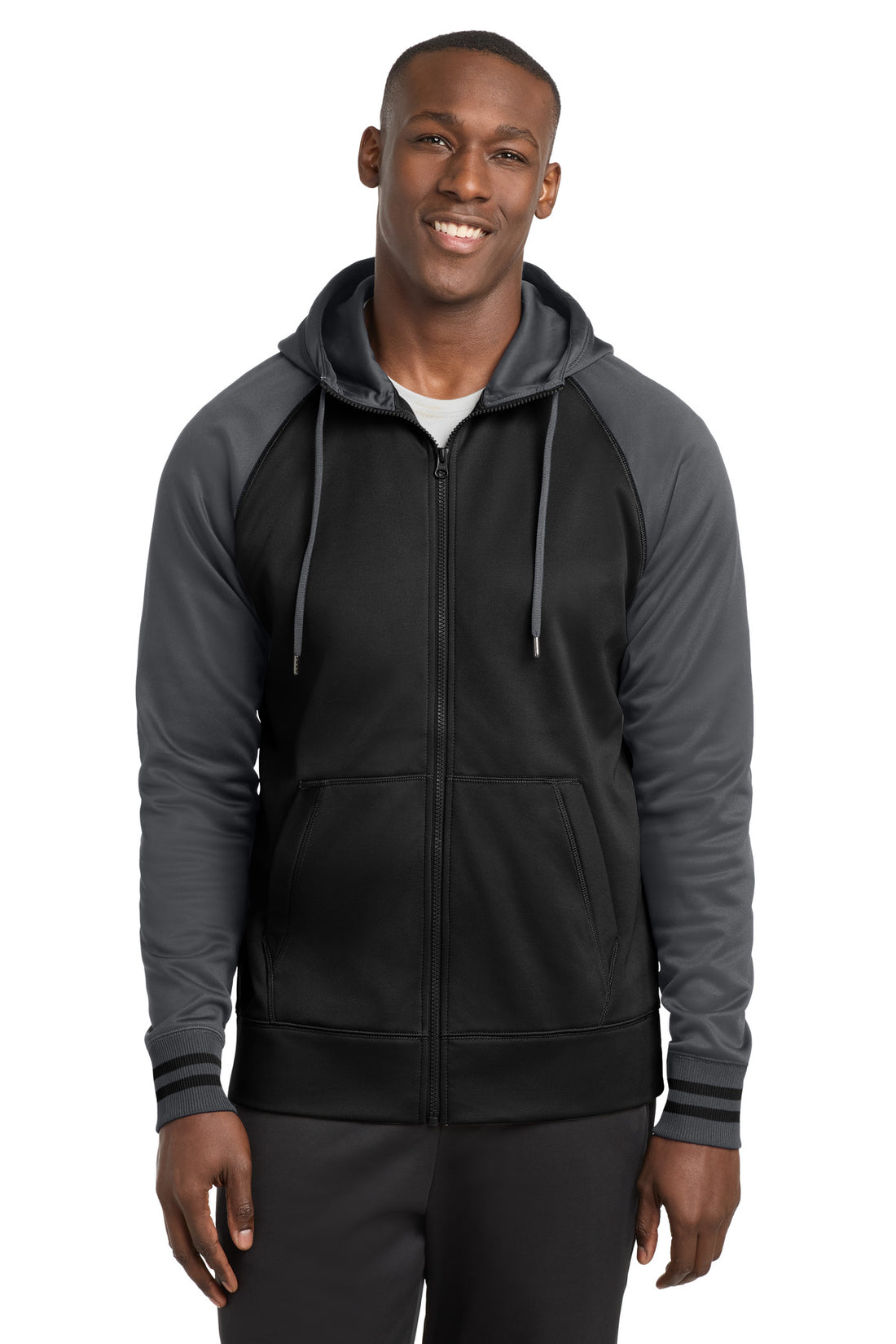 Sport-Tek® Sport-Wick® Varsity Fleece Full-Zip Hooded Jacket. ST236 - Black/ Dark Smoke Grey - 2XL