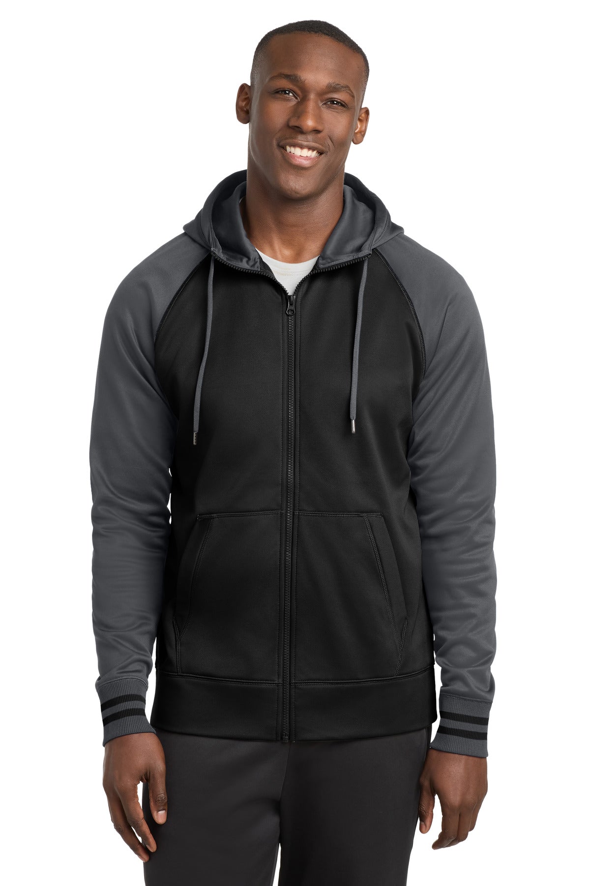 Sport-Tek® Sport-Wick® Varsity Fleece Full-Zip Hooded Jacket. ST236 - Black/ Dark Smoke Grey - 2XL