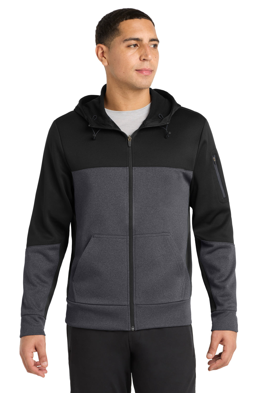 Sport-Tek® Tech Fleece Colorblock Full-Zip Hooded Jacket. ST245 - Black/ Graphite Heather/ Black - 2XL