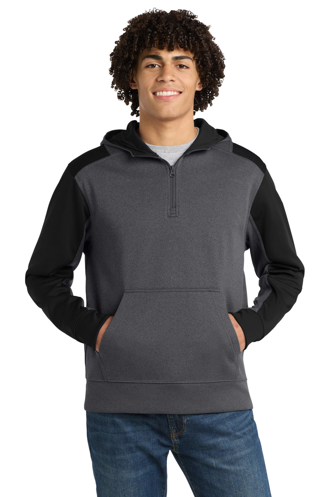 Sport-Tek®  Tech Fleece Colorblock 1/4-Zip Hooded Sweatshirt. ST249 - Graphite Heather/ Black - 2XL