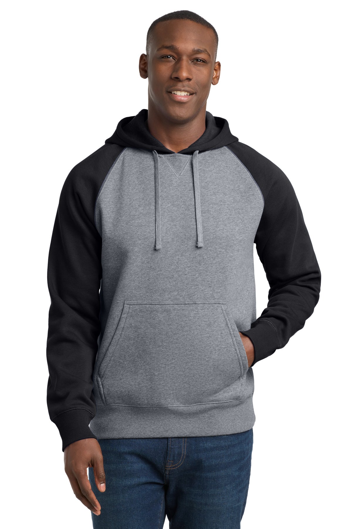 Sport-Tek® Raglan Colorblock Pullover Hooded Sweatshirt. ST267 - Black/ Vintage Heather - 2XL