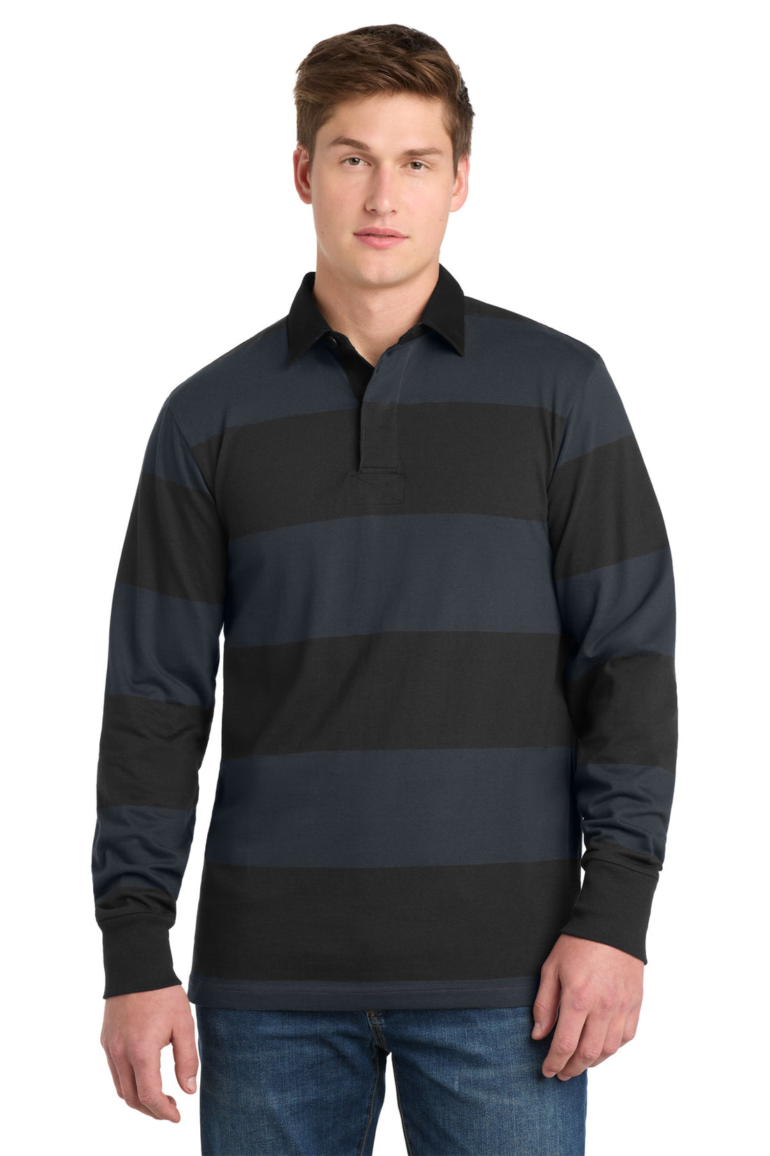 Sport-Tek® Classic Long Sleeve Rugby Polo. ST301 - Black/ Graphite - 2XL