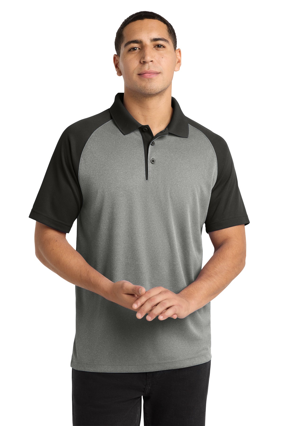 Sport-Tek ® PosiCharge ® RacerMesh ® Raglan Heather Block Polo. ST641 - Grey Heather/ Black - 2XL