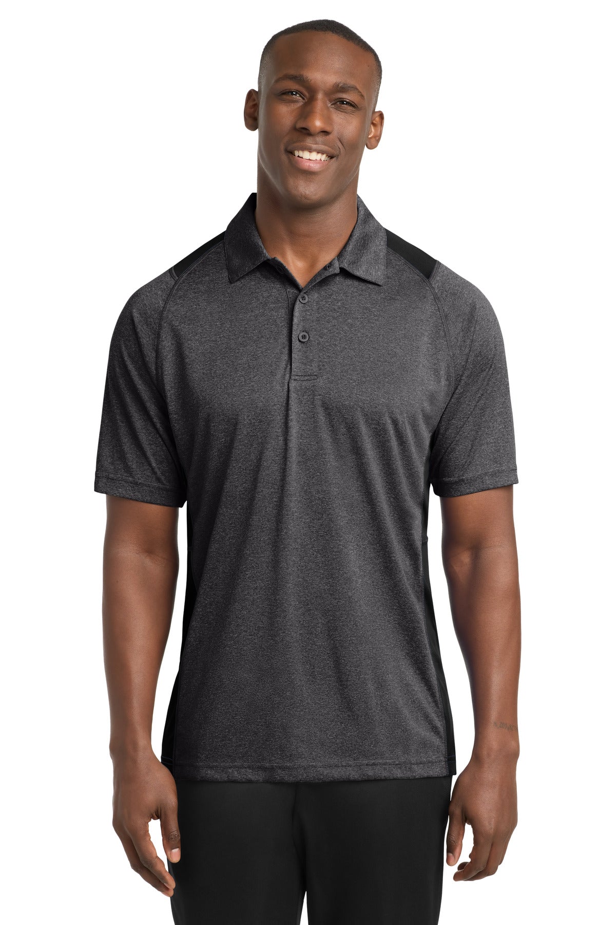 Sport-Tek® Heather Colorblock Contender Polo. ST665 - Graphite Heather/ Black - 2XL