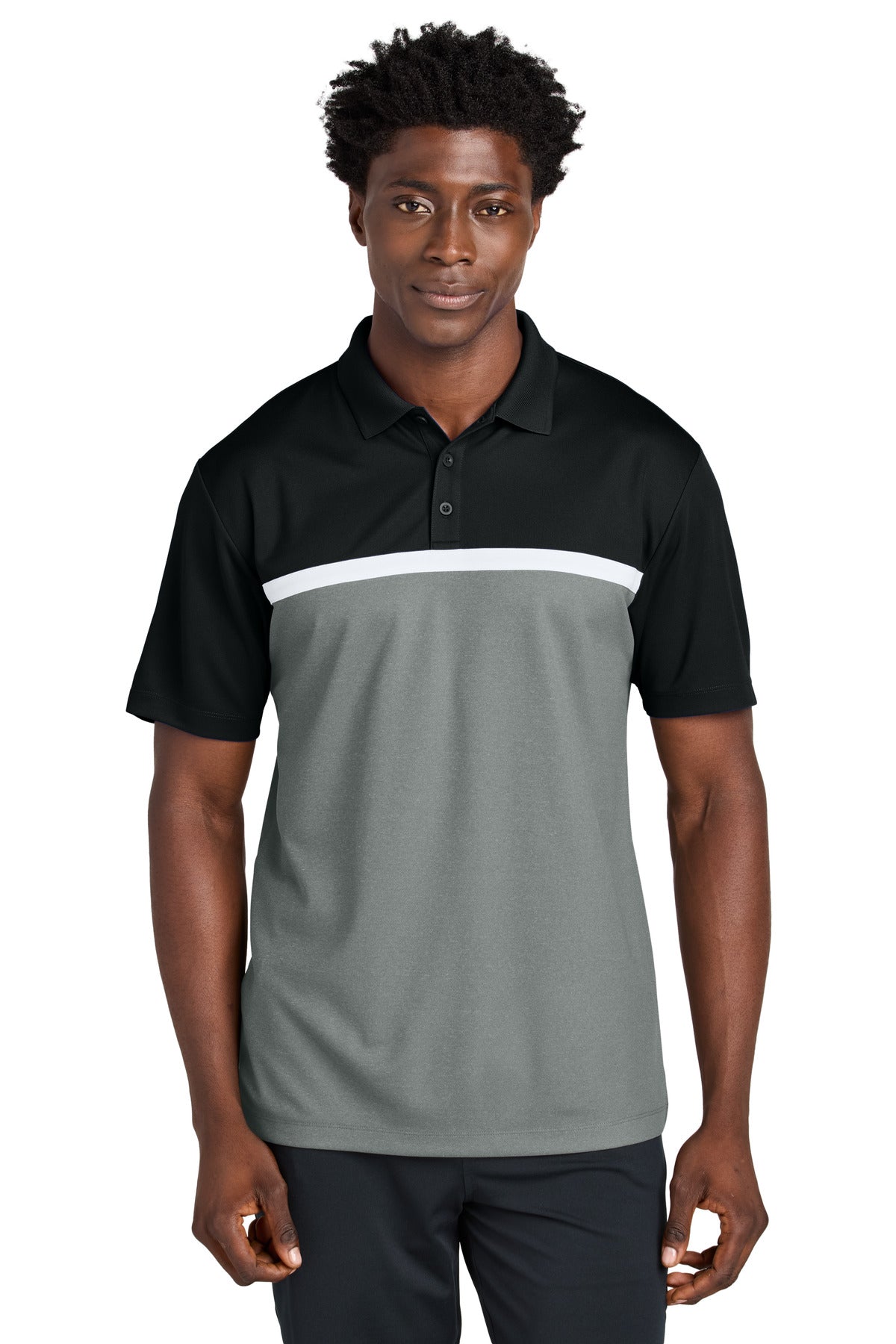 Sport-Tek® UV Micropique Colorblock Polo ST741 - Black/ Grey Concrete Heather/ White - 2XL