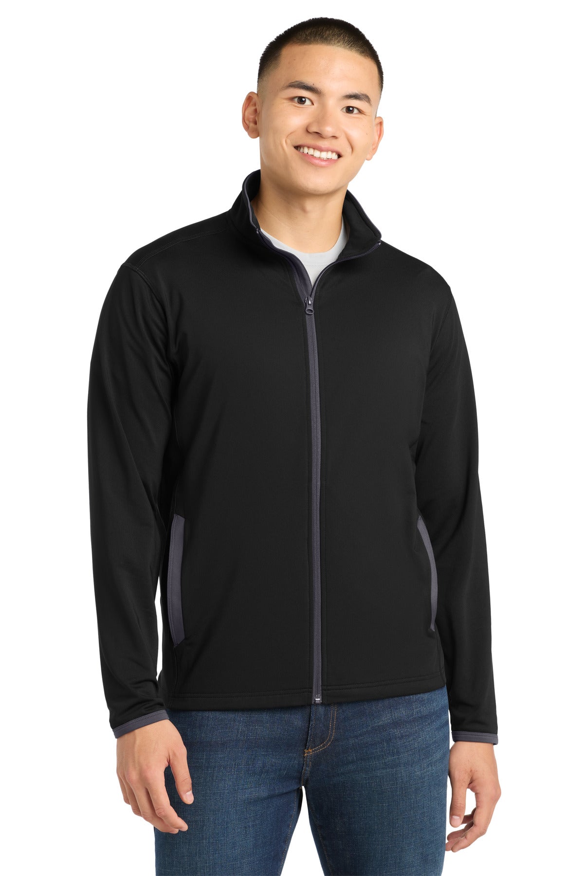 Sport-Tek® Sport-Wick® Stretch Contrast Full-Zip Jacket.  ST853 - Black/ Charcoal Grey - 2XL