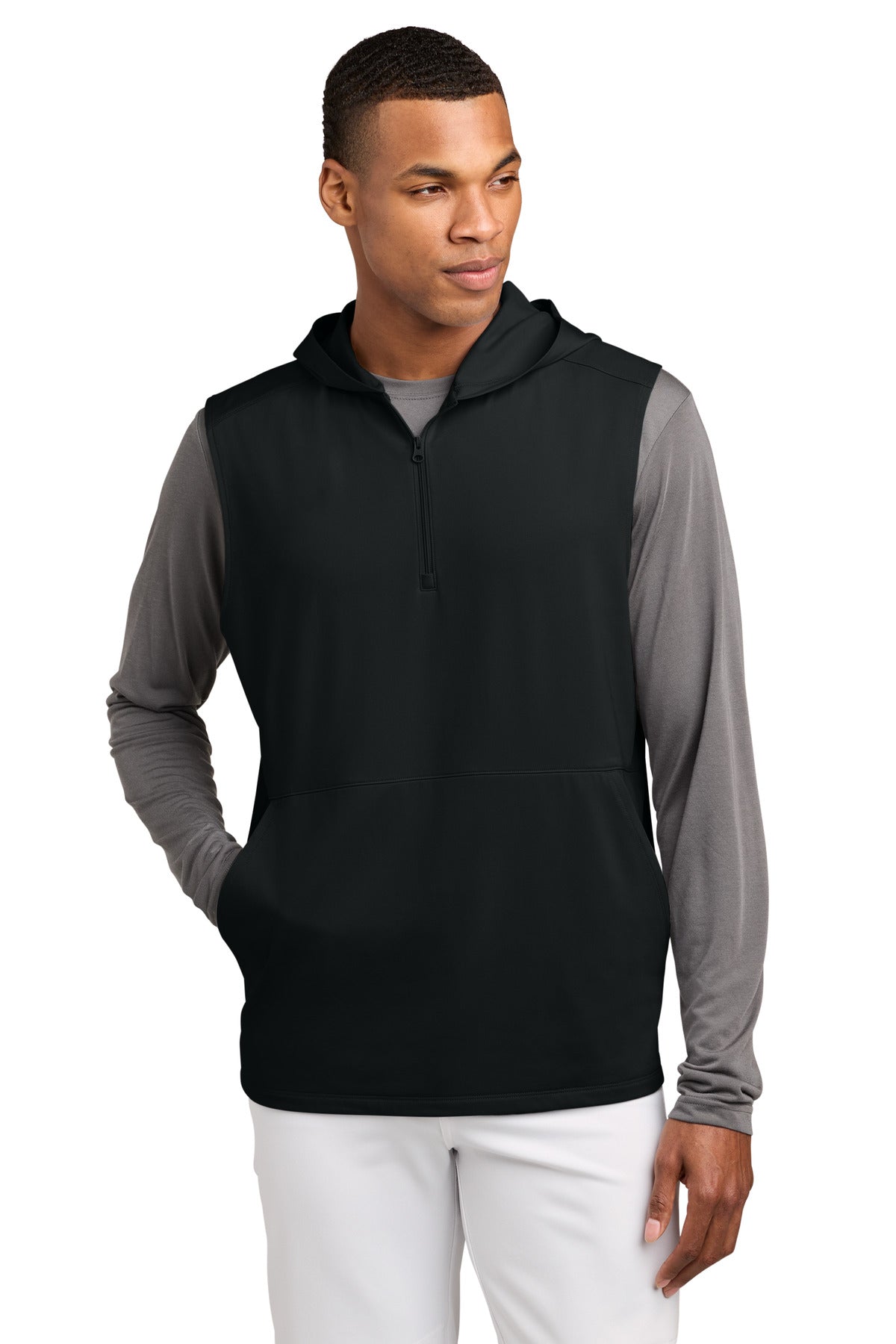 Sport-Tek® Sport-Wick® Stretch Sleeveless Hooded 1/4-Zip ST858 - Black - 2XL