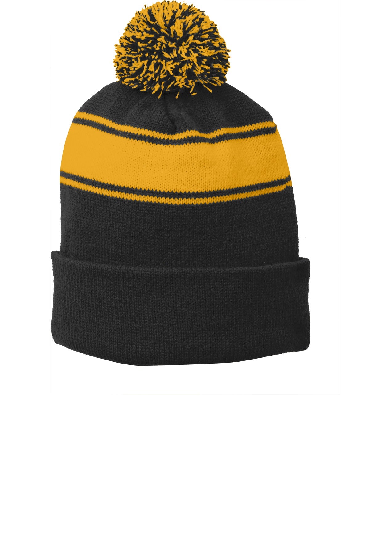Sport-Tek® Stripe Pom Pom Beanie.  STC28 - Black/ Gold - OSFA