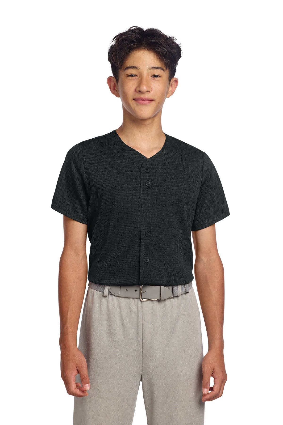 Sport-Tek® Youth PosiCharge® Tough Mesh Full-Button Jersey YST220 - Black - L