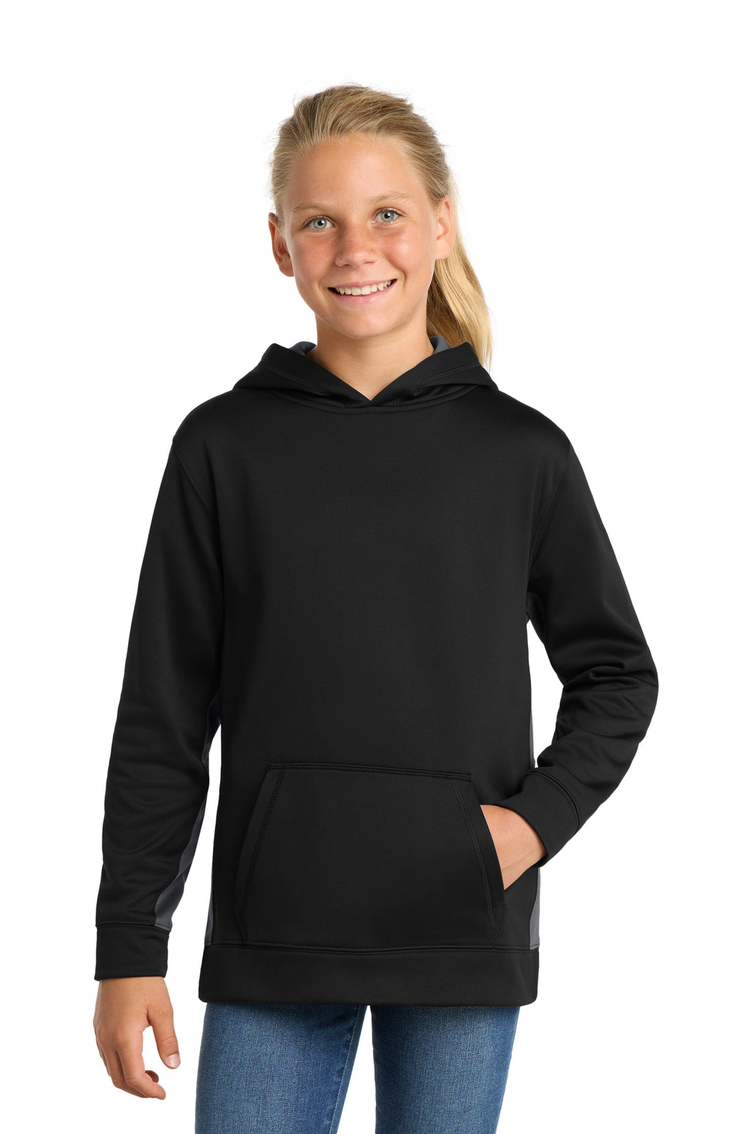 Sport-Tek® Youth Sport-Wick® Fleece Colorblock Hooded Pullover.  YST235 - Black/ Dark Smoke Grey - XS