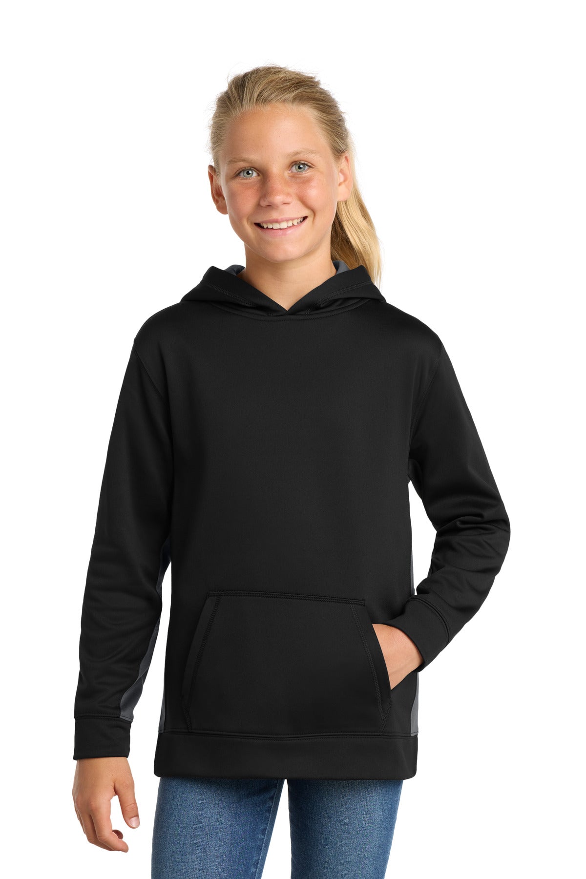 Sport-Tek® Youth Sport-Wick® Fleece Colorblock Hooded Pullover.  YST235 - Black/ Dark Smoke Grey - XS
