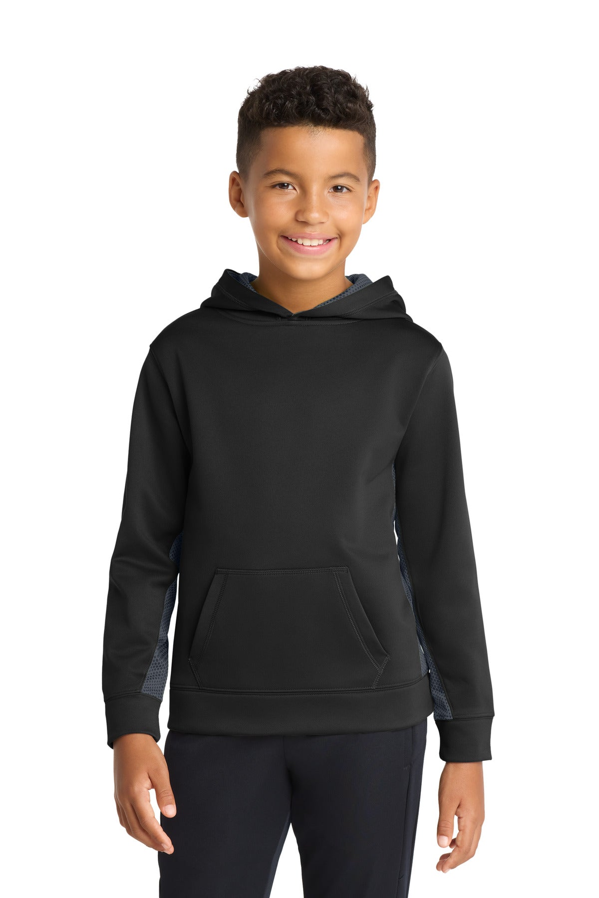 Sport-Tek® Youth Sport-Wick® CamoHex Fleece Colorblock Hooded Pullover.  YST239 - Black/ Dark Smoke Grey - XS