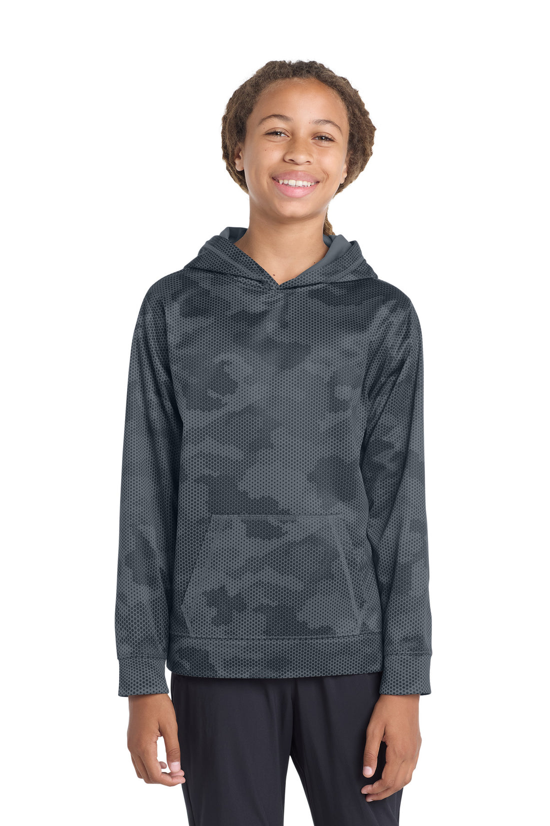Sport-Tek® Youth Sport-Wick® CamoHex Fleece Hooded Pullover.  YST240 - Dark Smoke Grey - XS