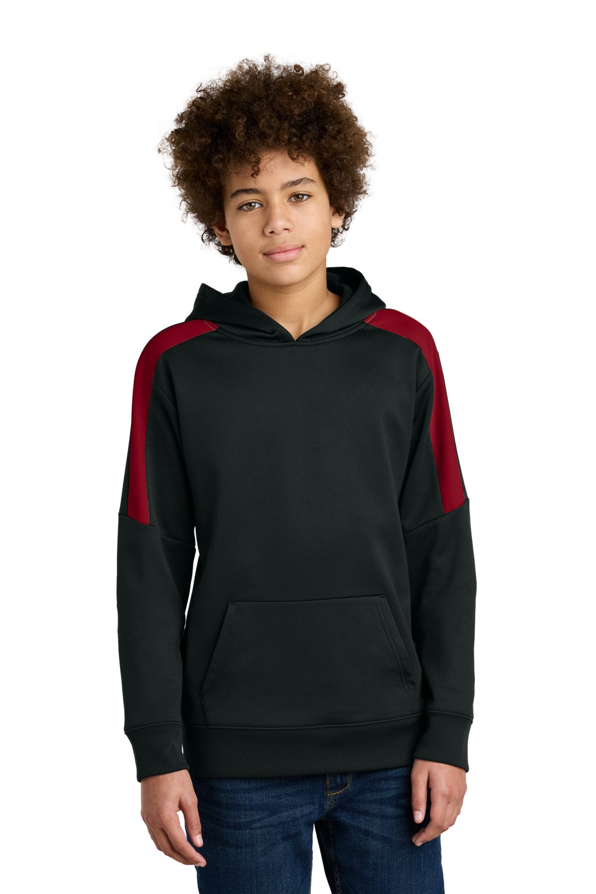Sport-Tek® Youth Sport-Wick® Fleece United Pullover Hoodie YST255 - Black/ Deep Red - L